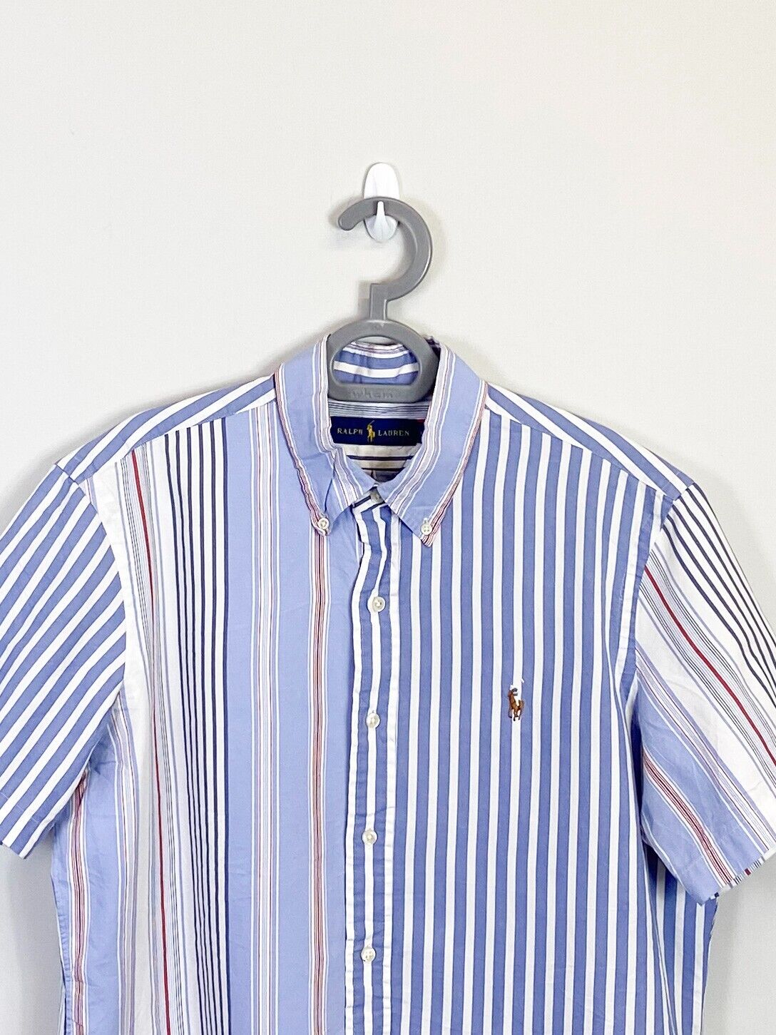 Ralph Lauren Shirt Mens M Blue Striped Short Sleeve Small Brown Polo Pony Logo