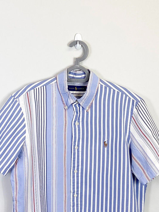 Ralph Lauren Shirt Mens M Blue Striped Short Sleeve Small Brown Polo Pony Logo