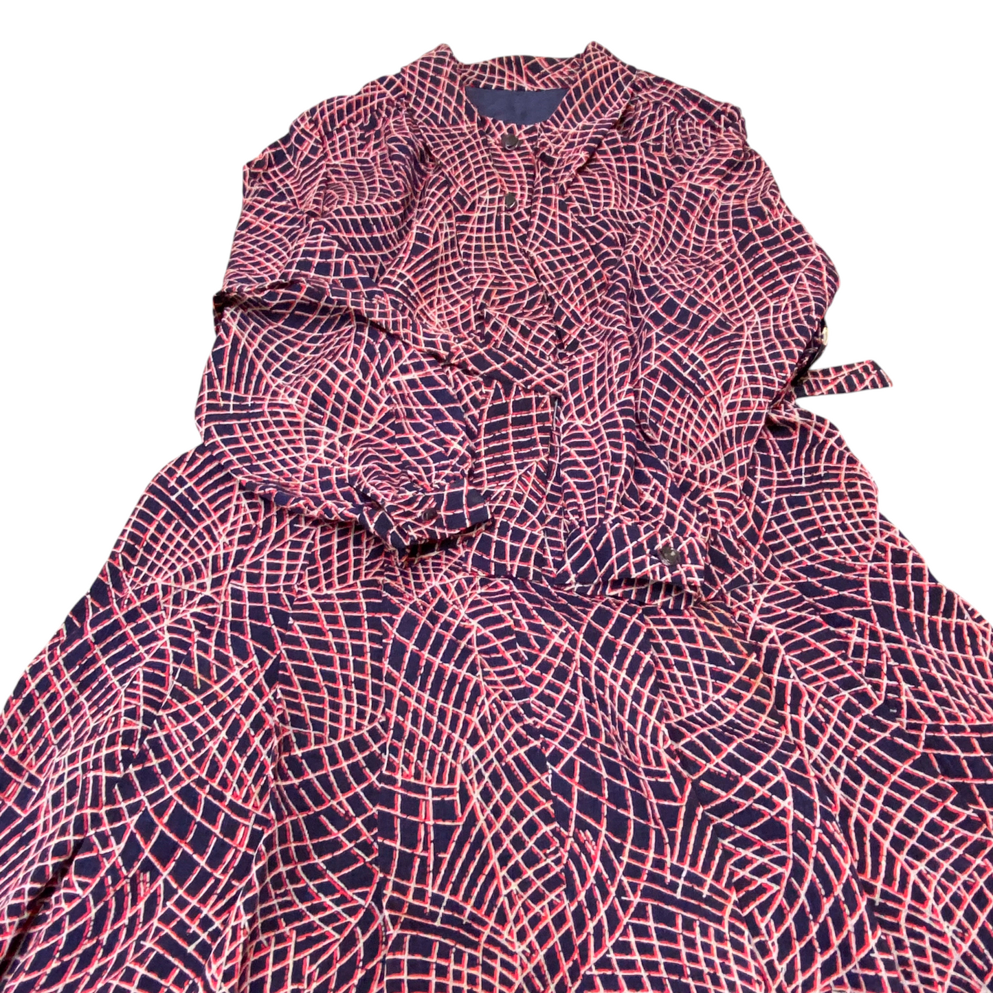 A Line Dress Womens M Blue Red Geometric Belted Casual Long Sleeve Button Front