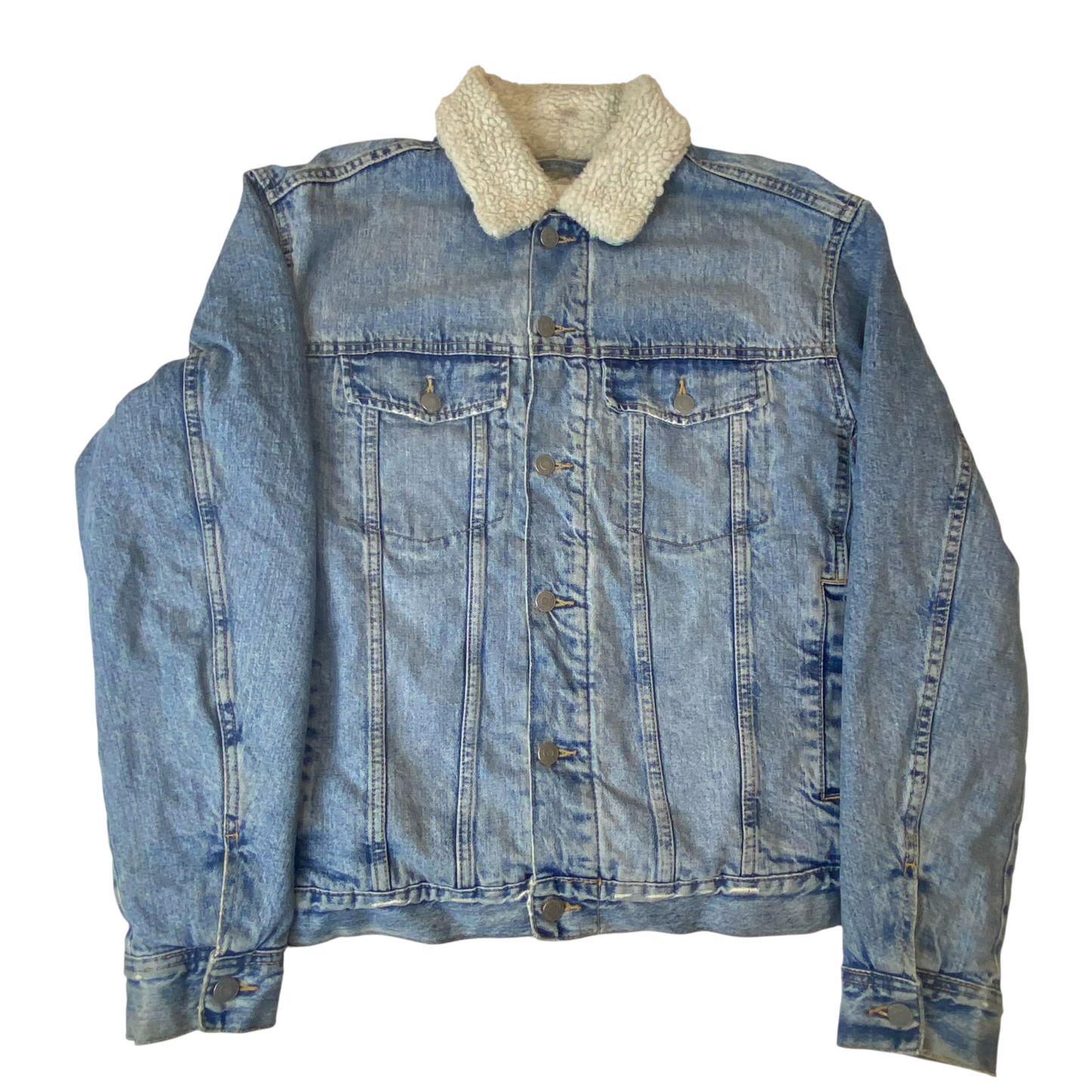 H&M Trucker Jacket Mens L Blue Denim Stone Wash Sherpa Lined Collar Button Front