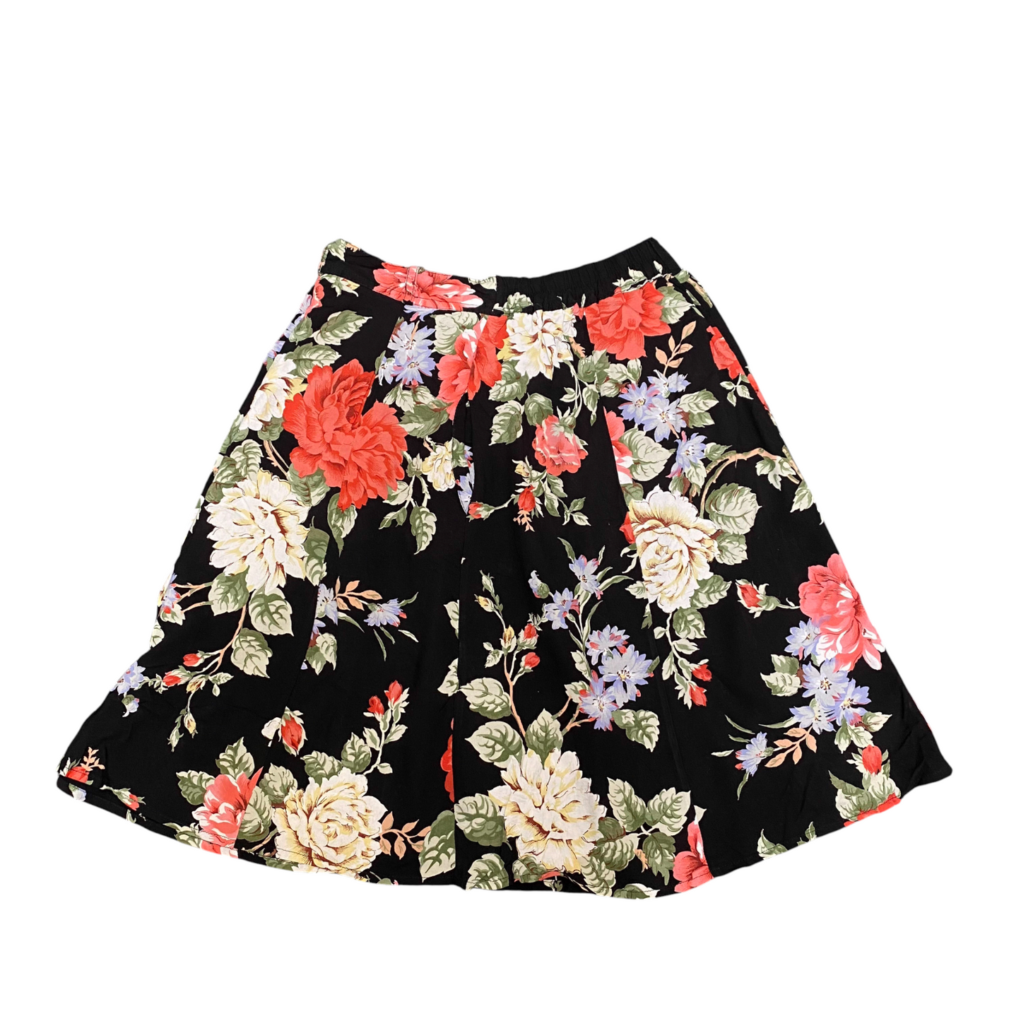 A-Line Skirt Womens M Black Floral Elastic Waist Casual Side Button Outdoor