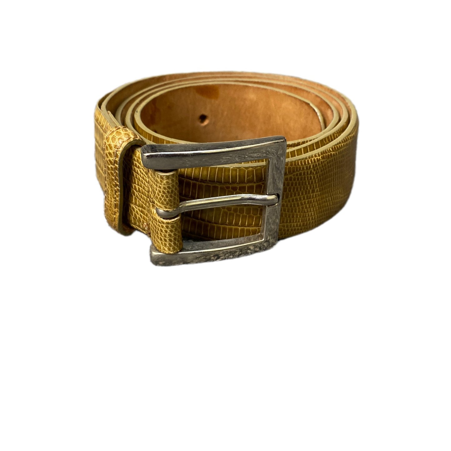 Reptiles House Waist Belt Mens Tan Lizard Leather Silver Pin Buckle 38.5 Inches