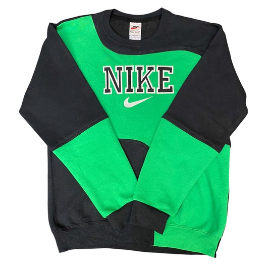 Nike Reworked Sweatshirt Mens S Green Black Embroidered Spellout Logo Vtg Y2K