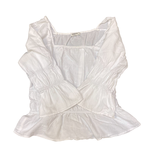 Pieces Blouse Top Womens M White Long Flared Sleeve Square Neck Peplum Hem