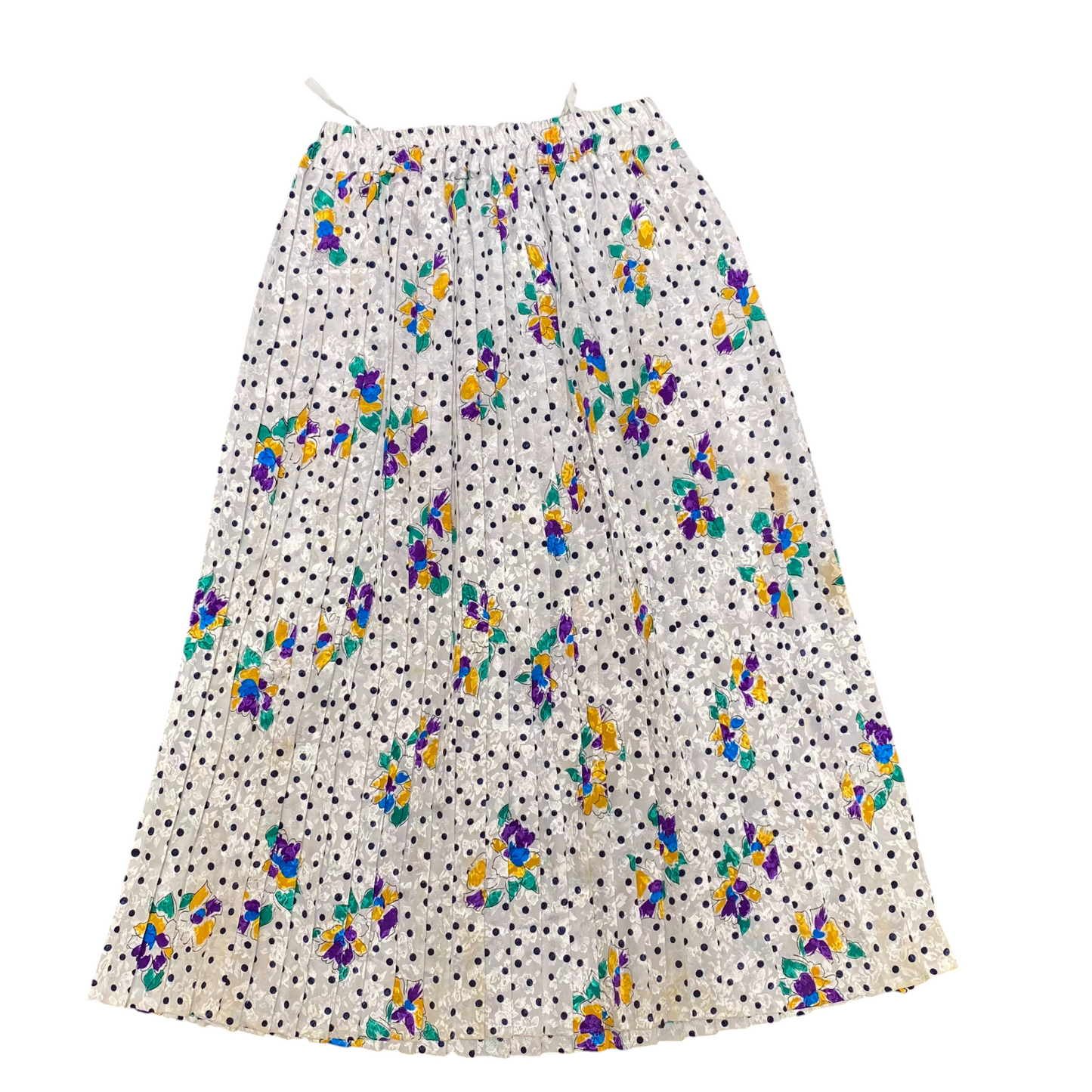 A Line Skirt Womens S White Polka Dot Floral Print Pleated Elastic Waist Casual