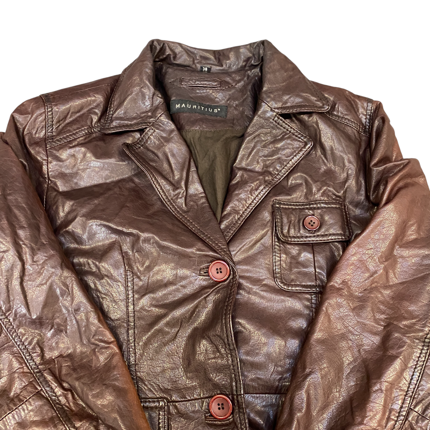 Mauritius Real Leather Blazer Jacket Womens M Brown Notch Lapel Single Breasted