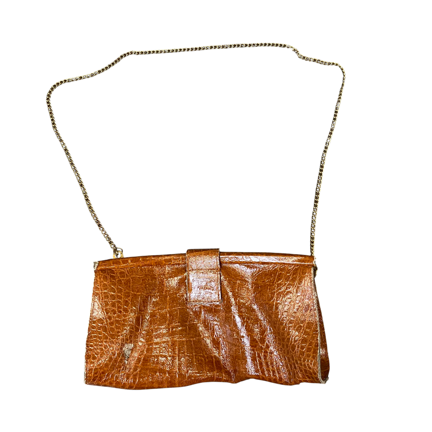 Vtg Womens Clutch Bag Brown Crocodile Leather Chain Strap Magnetic Flap Closure