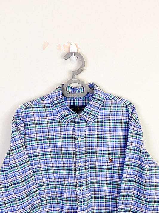 Ralph Lauren Shirt Mens Large Blue Plaid Long Sleeve Small Brown Polo Pony Logo