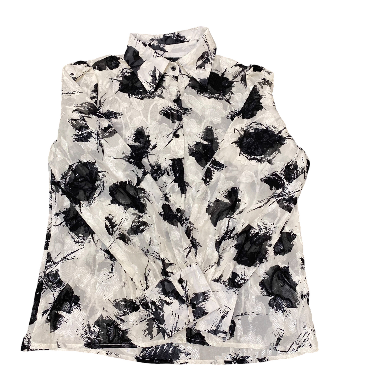 Shirt Top Womens L White Black Floral Long Sleeve Collared Button Down Outdoor