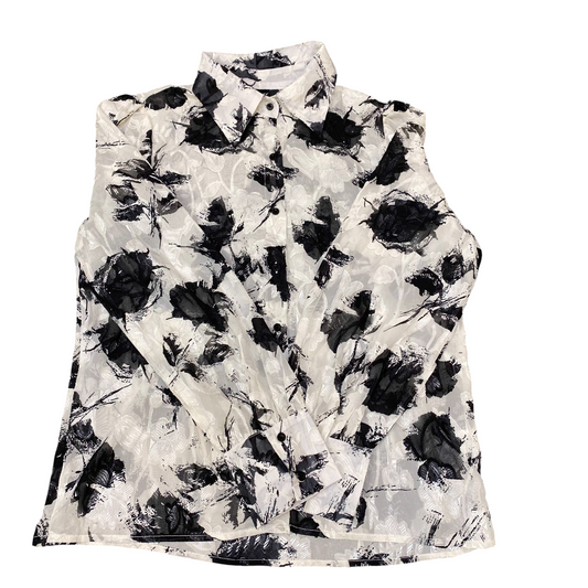 Shirt Top Womens L White Black Floral Long Sleeve Collared Button Down Outdoor