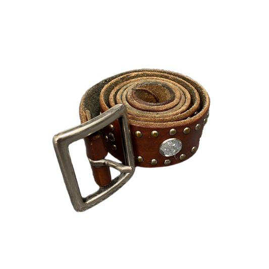 Waist Belt Mens Brown Leather Studded Adjustable Silver Pin Buckle 39.5 inches