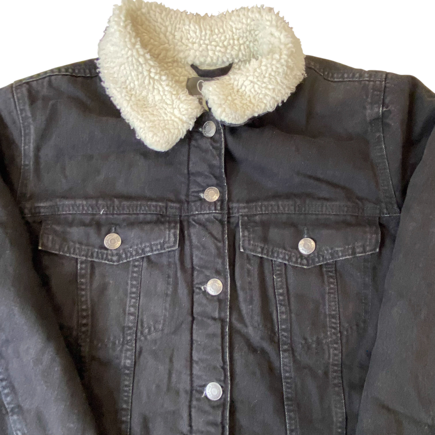 Primark Trucker Jacket Womens Medium Black Sherpa Lined Collared Button Front