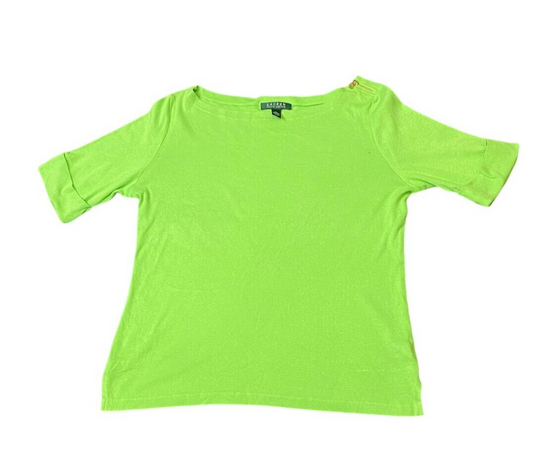 Ralph Lauren T-Shirt Women's L Lime Green 3/4 Cuffed Sleeve Shoulder Zip