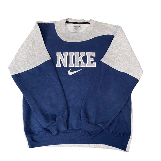 Nike Reworked Sweatshirt Mens S Blue Grey Embroidered Spellout Logo Vintage Y2K