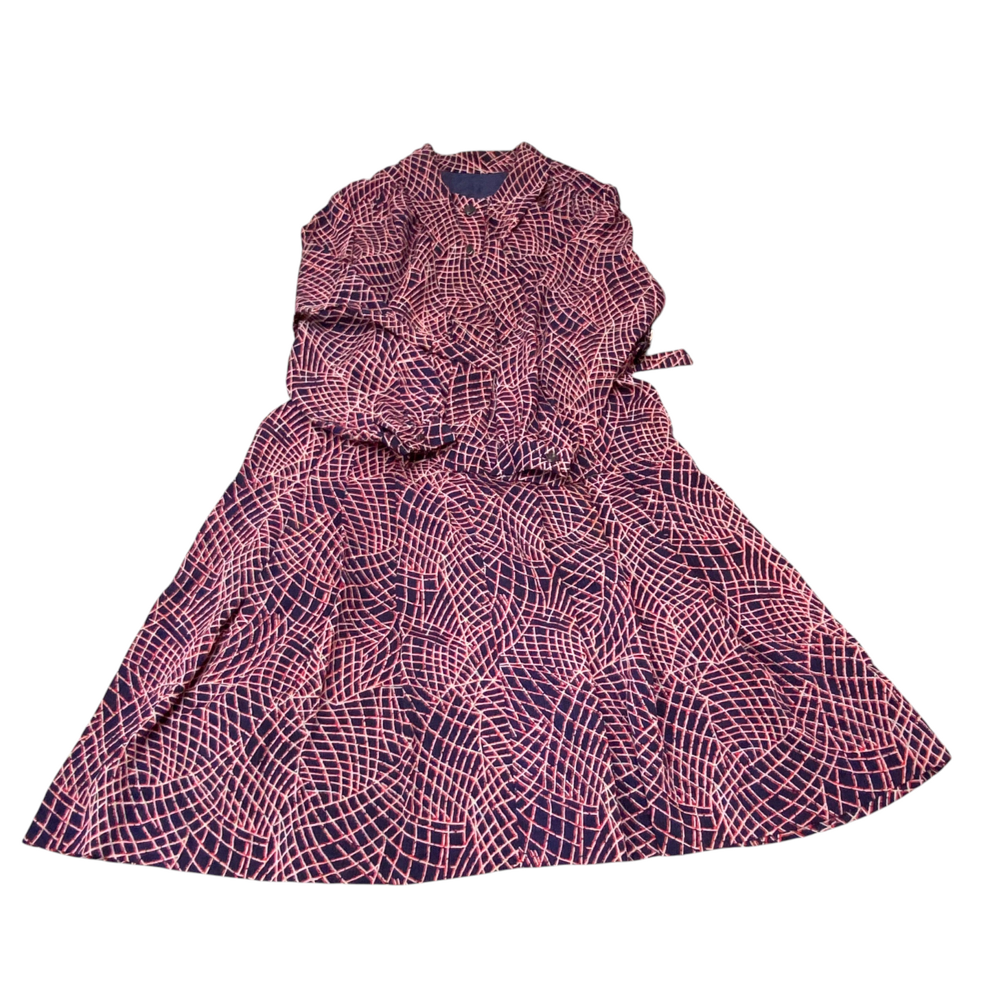 A Line Dress Womens M Blue Red Geometric Belted Casual Long Sleeve Button Front