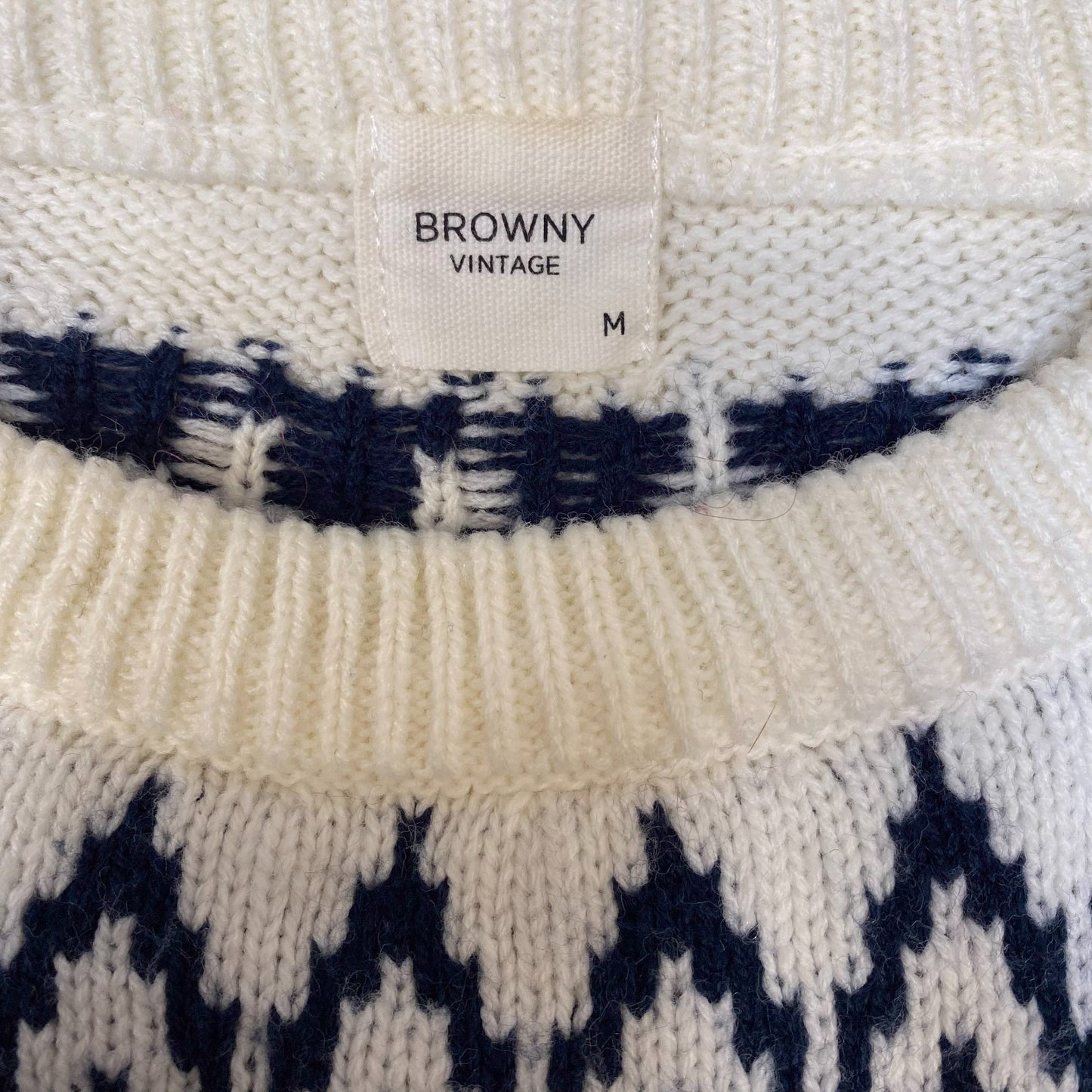 Vintage Browny Jumper Womens Medium Cream Blue Fair Isle Nordic Warm Winter