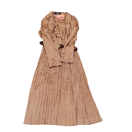 Amika Maxi Dress Womens S Brown Striped Pleated Round Neck Side Button Comfort