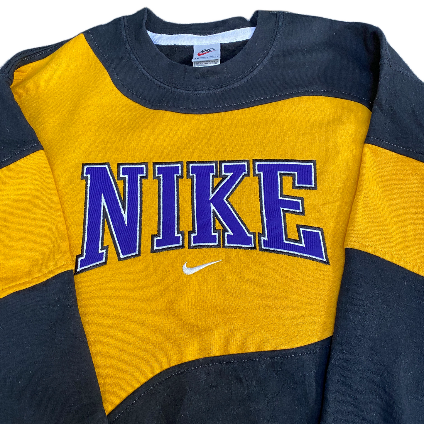 Nike Reworked Sweatshirt Mens M Yellow Black Embroidered Spellout Logo Vtg Y2K