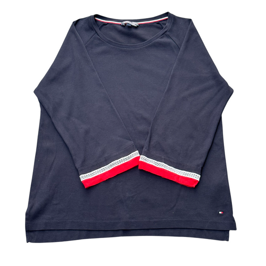 Hilfiger Denim T Shirt Womens Small Blue Long Sleeve Lace Trim High Low Tee