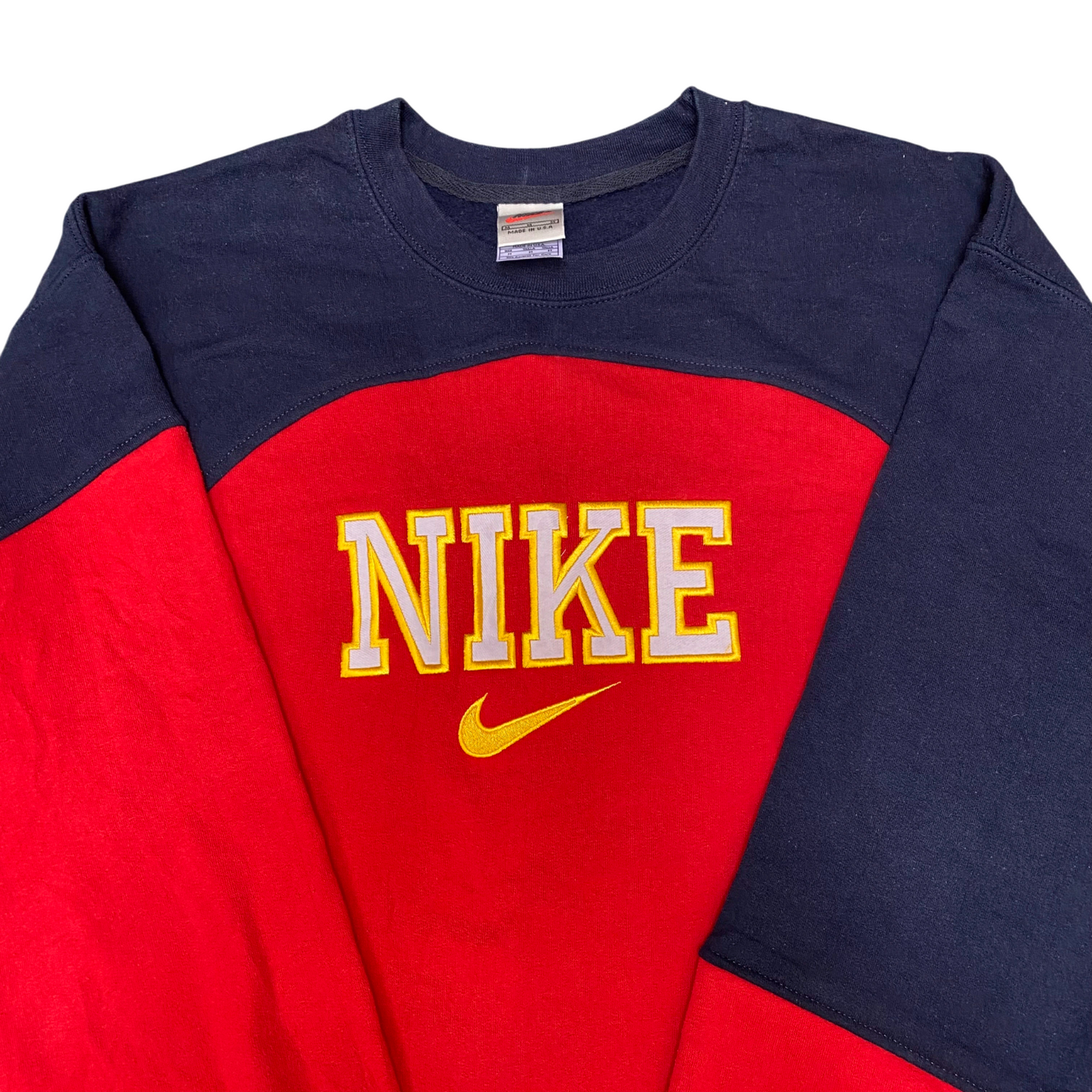 Nike Reworked Sweatshirt Mens Medium Blue Red Embroidered Spell Out Logo Y2K