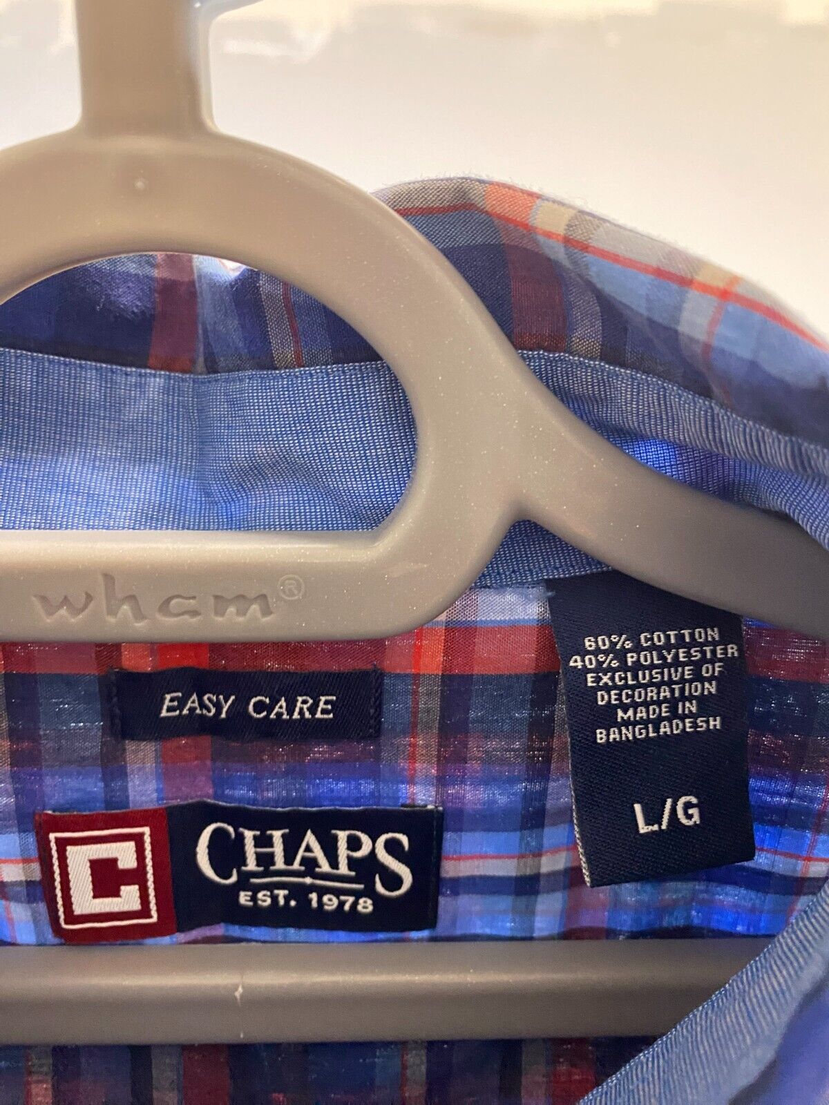 Chaps Shirt Men Large Blue Plaid Cotton Easy Care Long Sleeve Casual Button Down