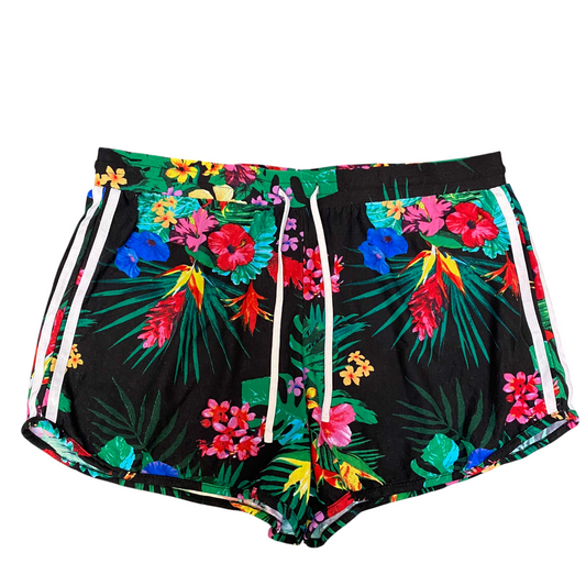 Running Sprinter Shorts Women XL Black Floral 2 Stripes Drawstring Elastic Waist