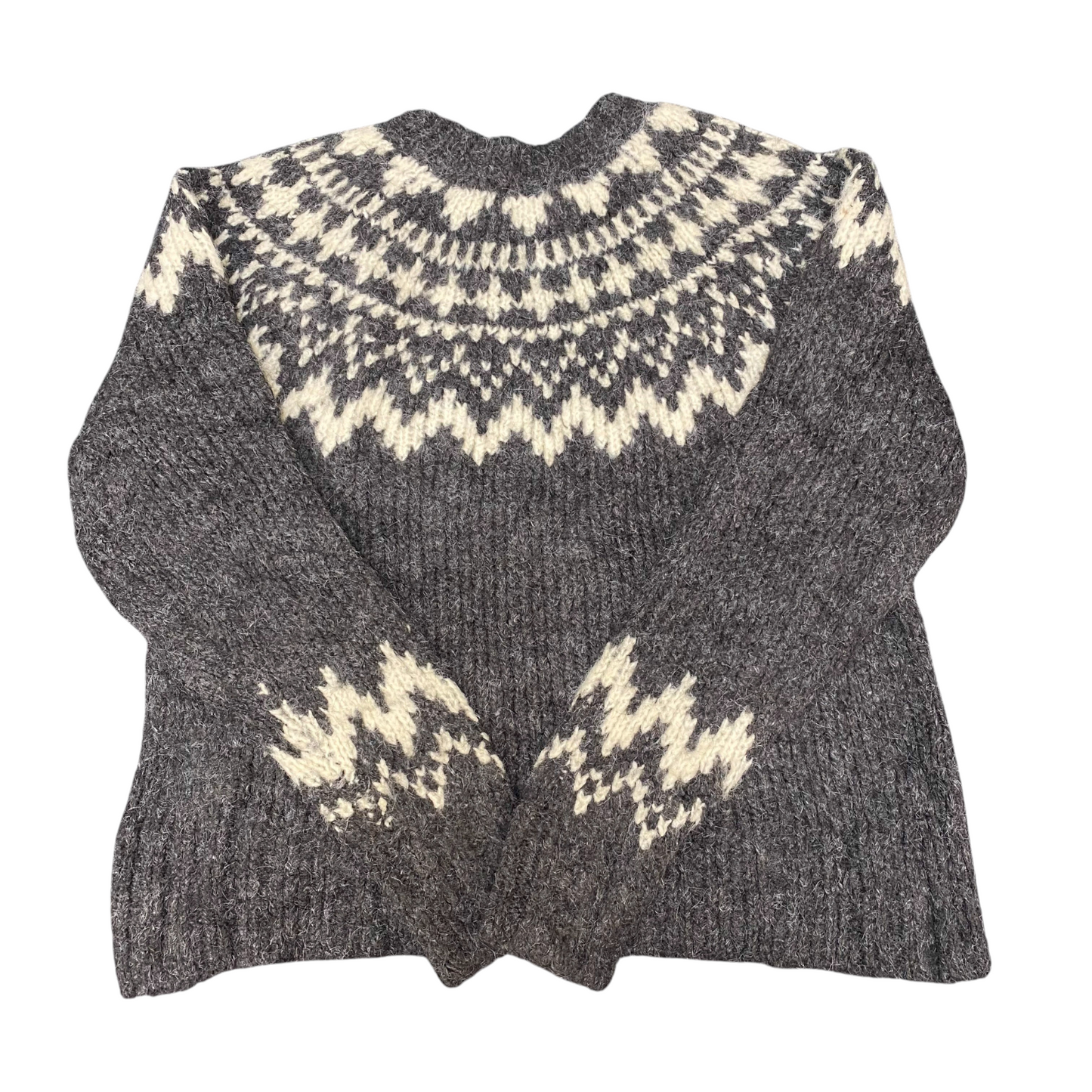 Uniqlo Jumper Womens Small Grey White Fair Isle Nordic Long Sleeve Crew Neck