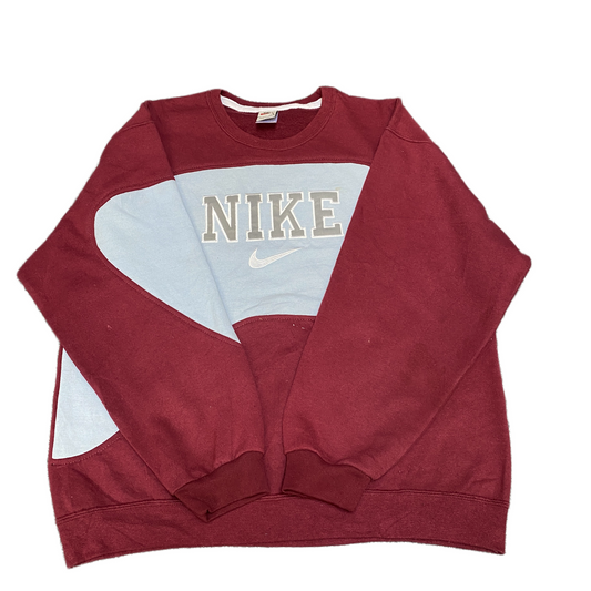 Nike Reworked Sweatshirt Men L Maroon Blue Embroidered Spellout Logo Vintage Y2K