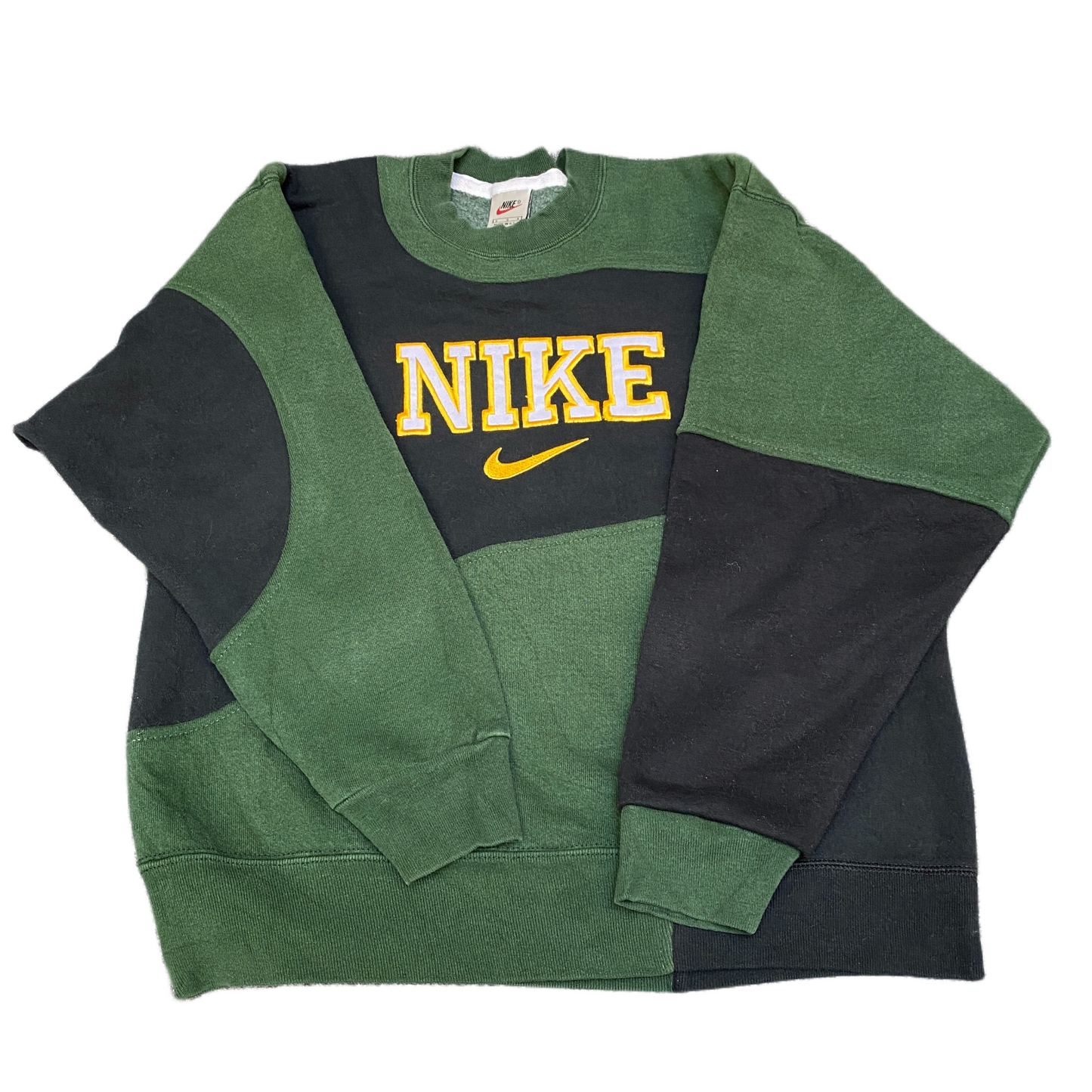 Nike Reworked Sweatshirt Mens S Green Black Embroidered Spellout Logo Vtg Y2K
