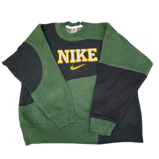 Nike Reworked Sweatshirt Mens S Green Black Embroidered Spellout Logo Vtg Y2K