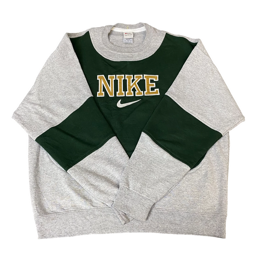 Nike Reworked Sweatshirt Mens Large Grey Green Embroidered Spellout Logo Vtg Y2K