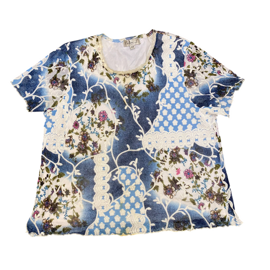 Céline. L Top Womens M Multi Floral Mesh Short Sleeve Round Neck Casual Outdoor