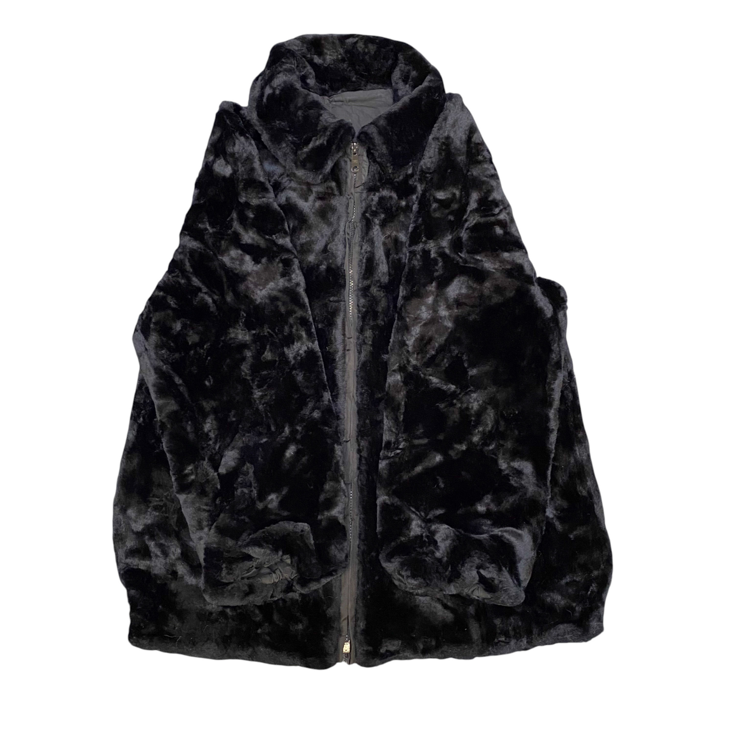 Womens Faux Fur Jacket Large Black Plush Soft Long Sleeve Collared Full Zip