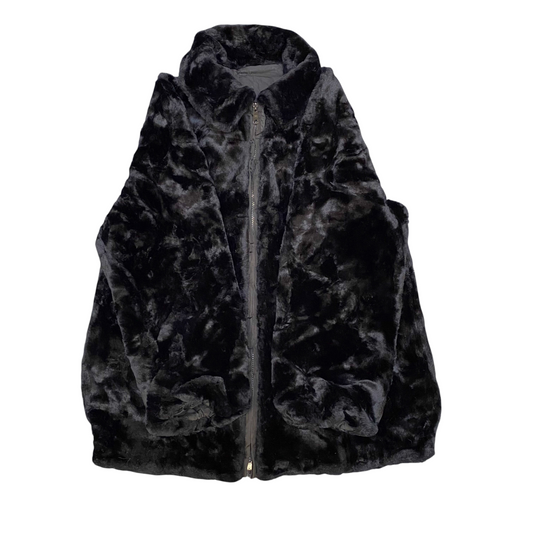 Womens Faux Fur Jacket Large Black Plush Soft Long Sleeve Collared Full Zip