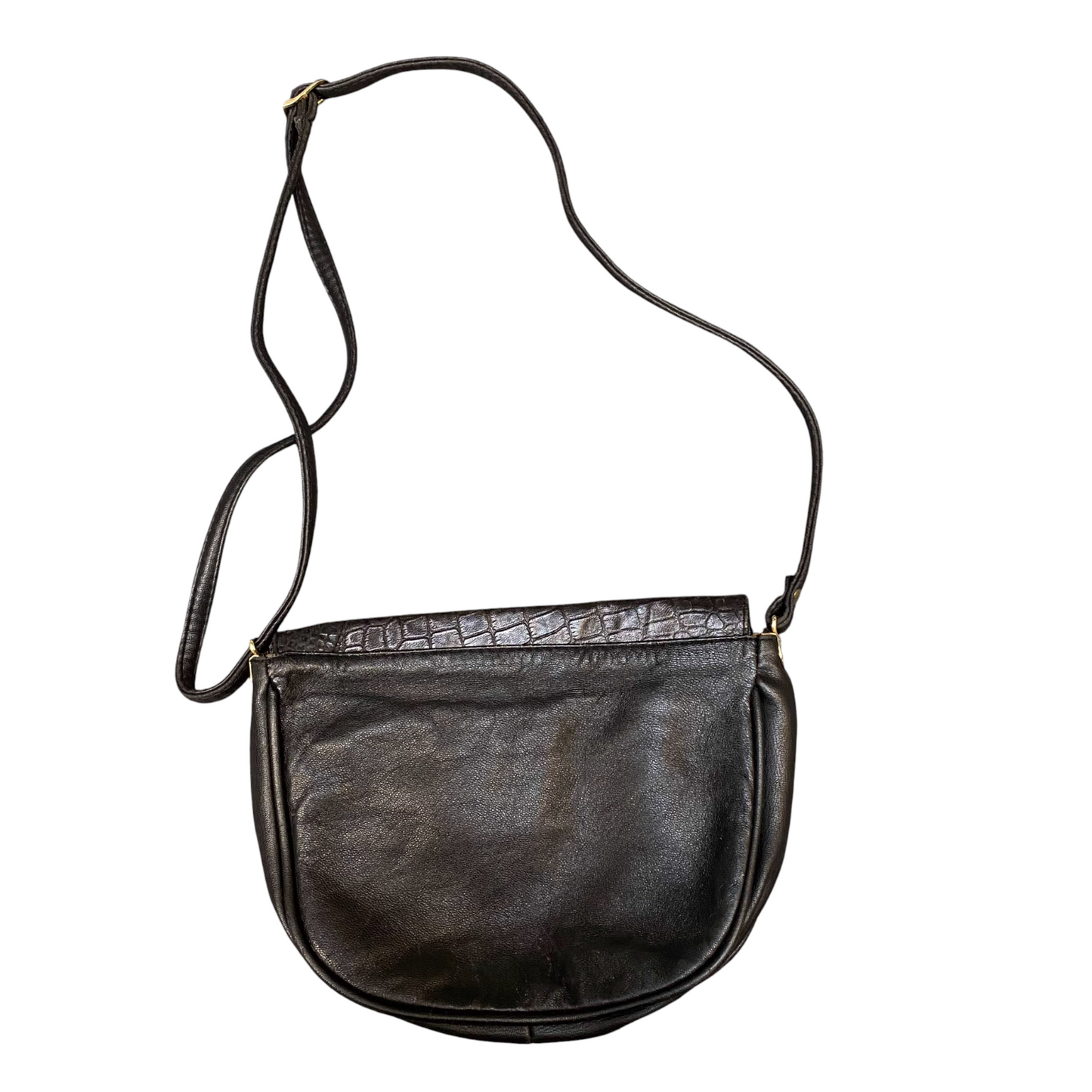 Vintage Womens Crossbody Purse Black Embossed Leather Magnetic Flap Closure