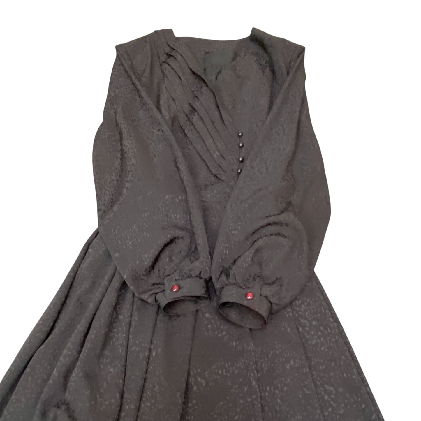 A-Line Cocktail Dress Womens S Black Floral Pleated Long Sleeve V-Neck Pullover