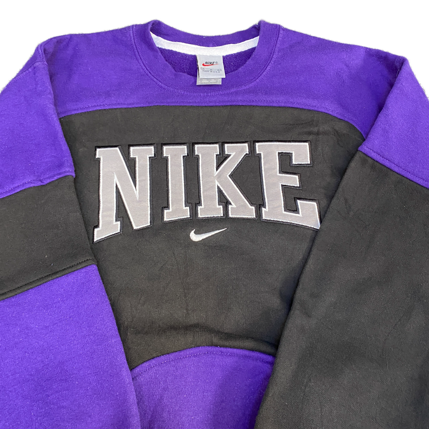 Nike Reworked Sweatshirt Mens M Black Purple Embroidered Spellout Logo Vtg Y2K