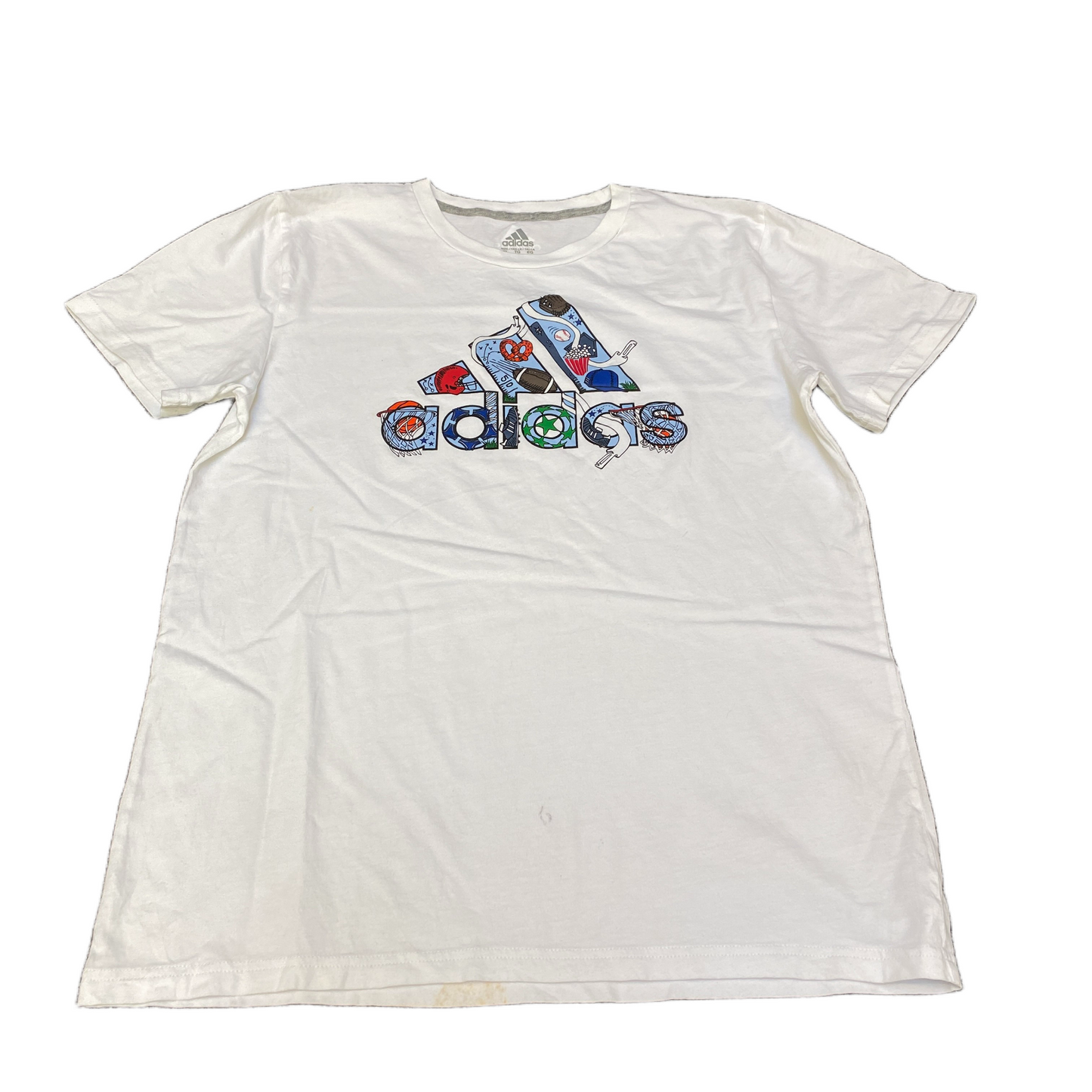 Adidas T-Shirt Boys Medium White Colorful 3 Stripes Graphic Logo Relaxed Fit Tee