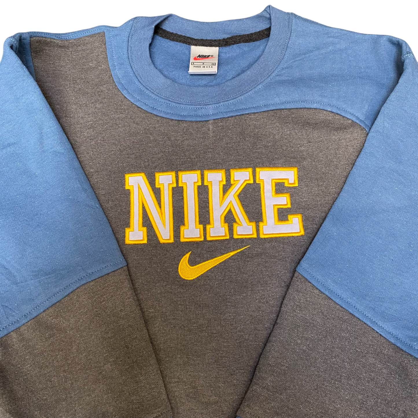 Nike Reworked Sweatshirt Mens S Blue Grey Embroidered Spellout Logo Vintage Y2K