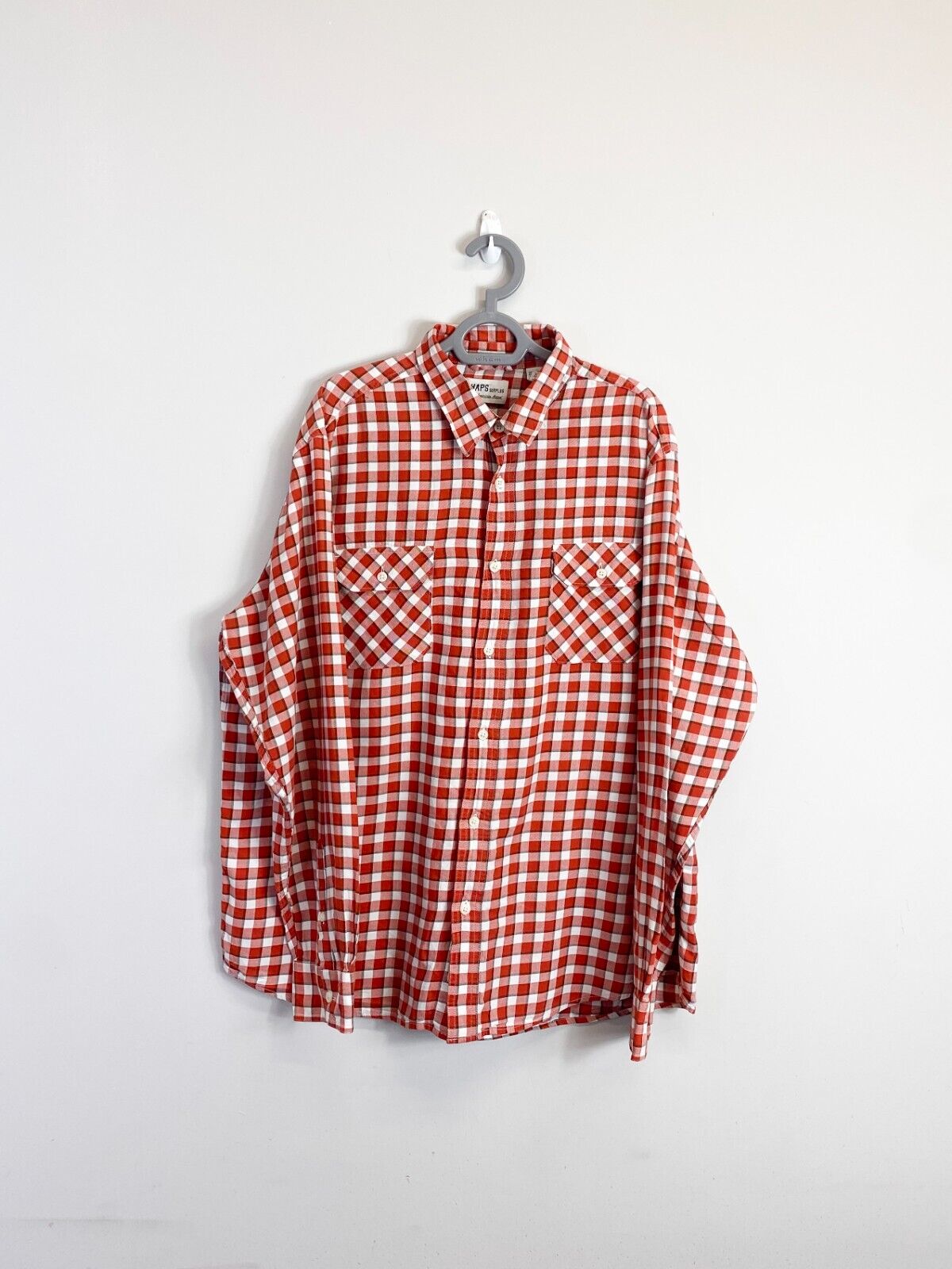Chaps Shirt Mens L Orange Checkered Detailed Pockets Fitted Collared Button Down