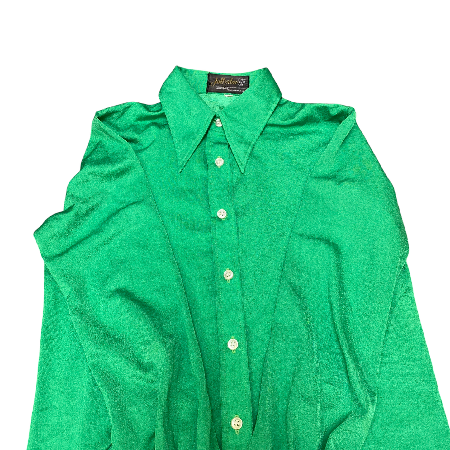 Jully Star Shirt Top Women S Green Solid Satin Long Sleeve Collared Button Front
