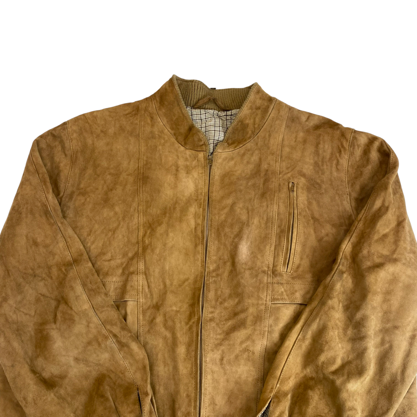 Bomber Jacket Mens M Brown Suede Leather Pockets Long Sleeve Full Zip Outdoor