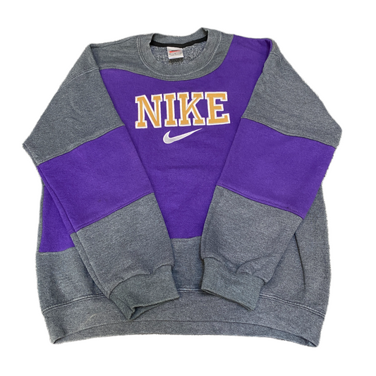 Nike Reworked Sweatshirt Mens M Purple Grey Embroidered Spellout Logo Vtg Y2K