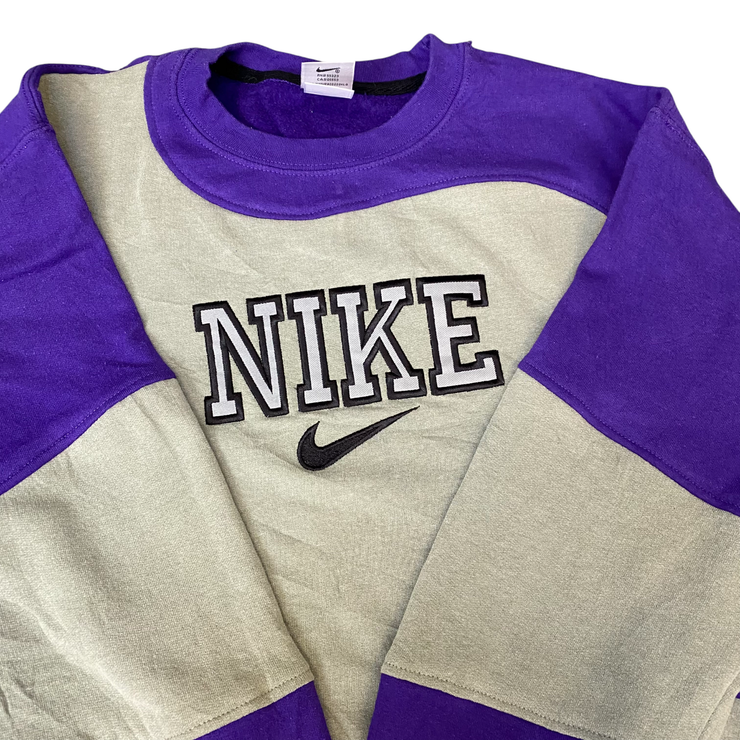 Nike Reworked Sweatshirt Mens M Purple Beige Embroidered Spellout Logo Vtg Y2K