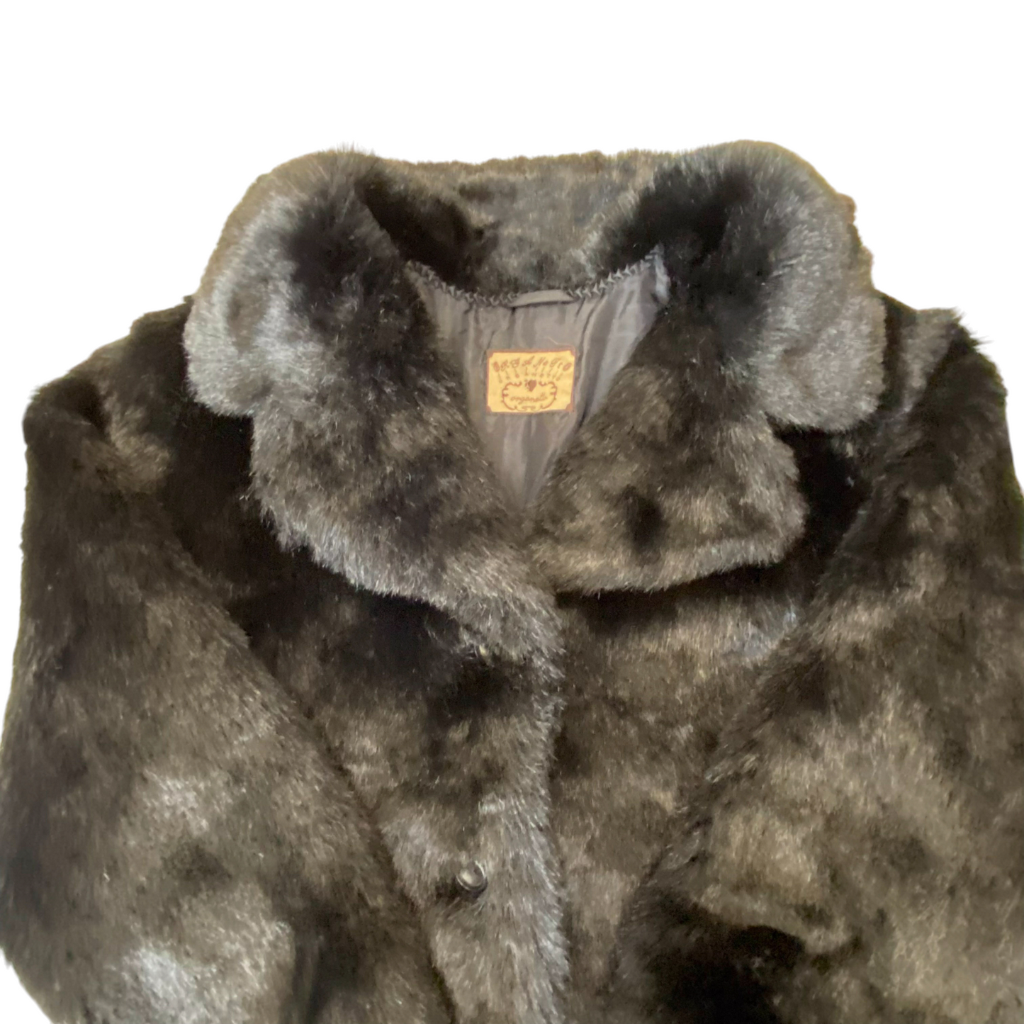 Organetto Coat Womens Large Black Faux Fur Notch Collar Long Sleeve Button Front