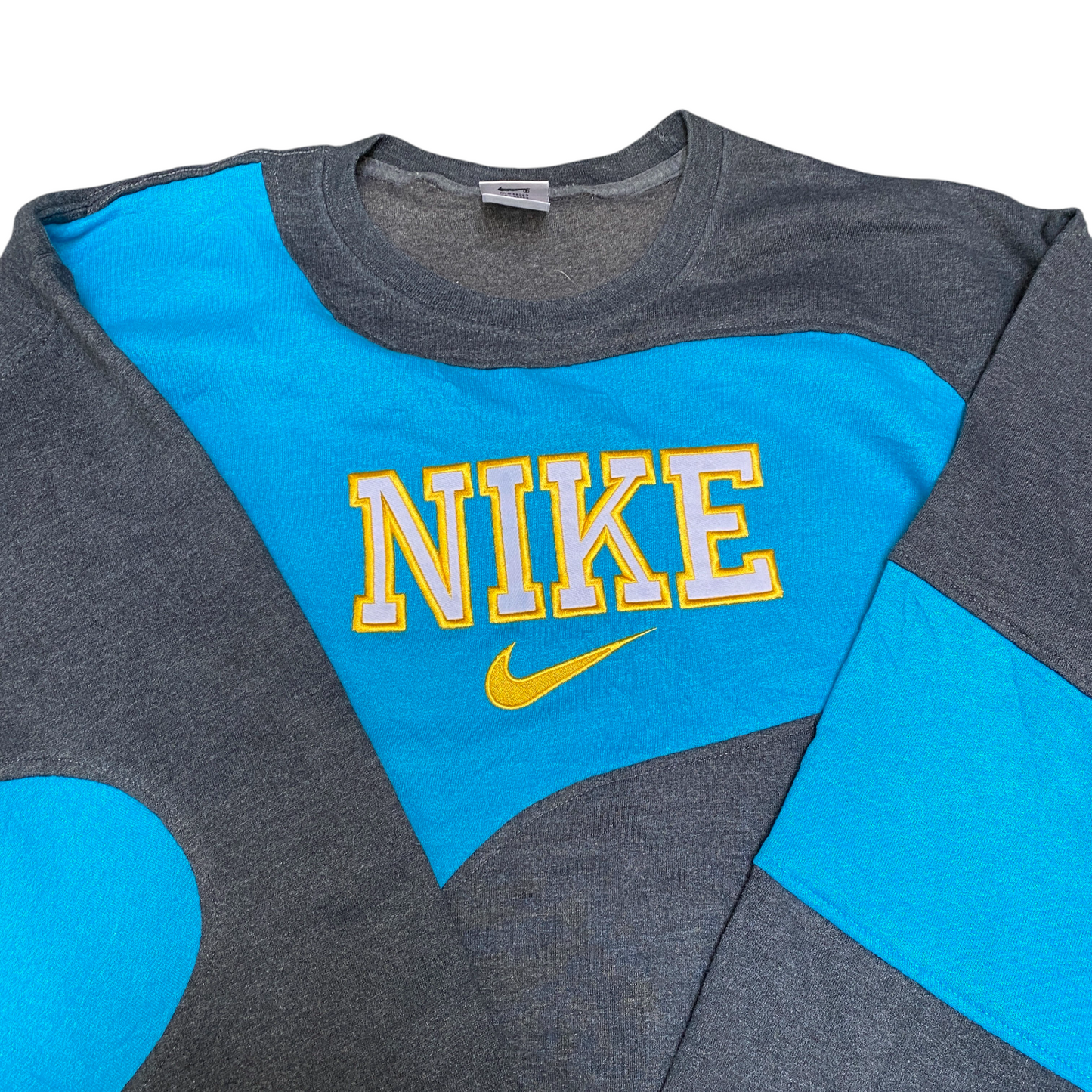 Nike Reworked Sweatshirt Mens L Black Blue Embroidered Spellout Logo Vintage Y2K