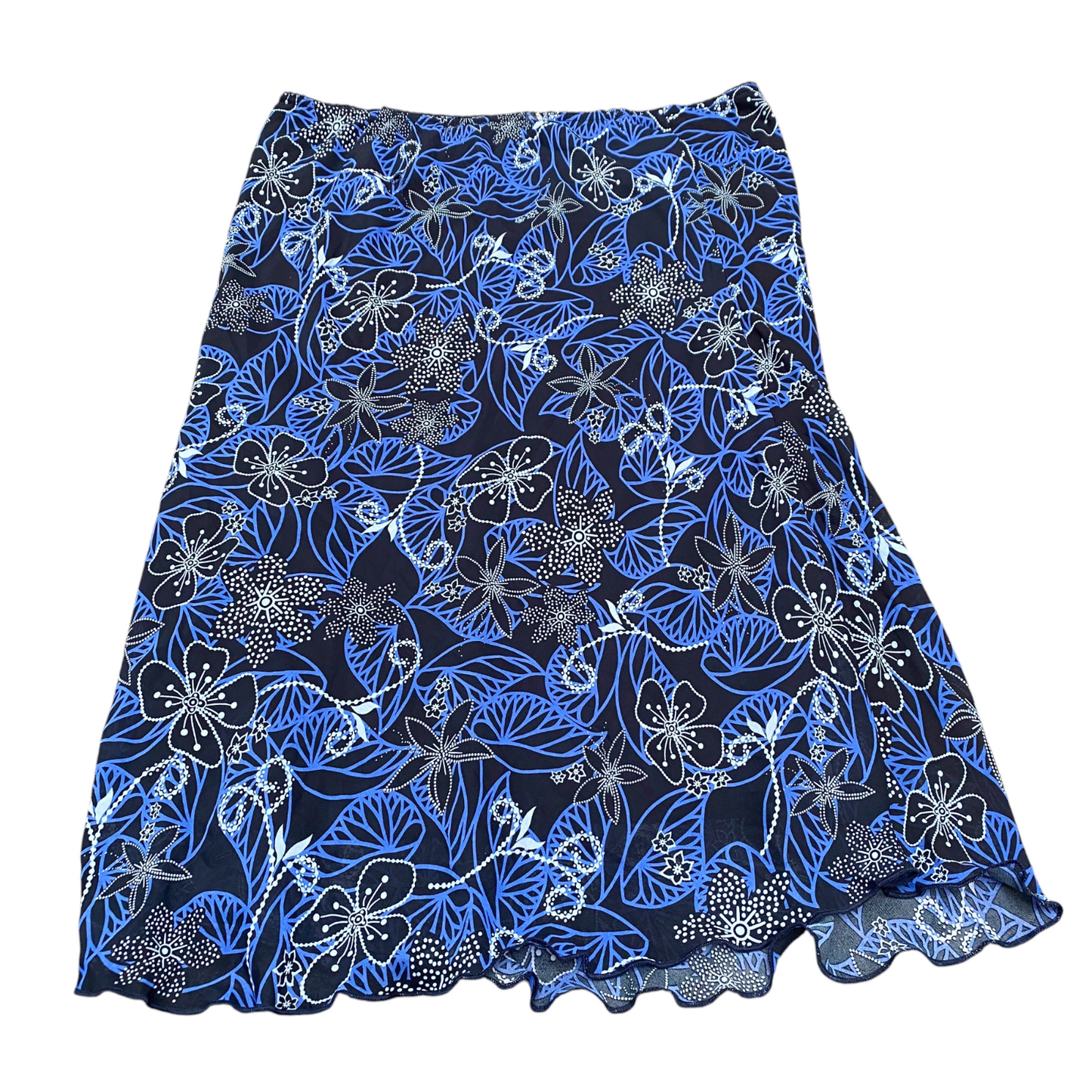 Daxon A-Line Maxi Skirt Womens L Black Blue Floral Print Lined Elastic Waist
