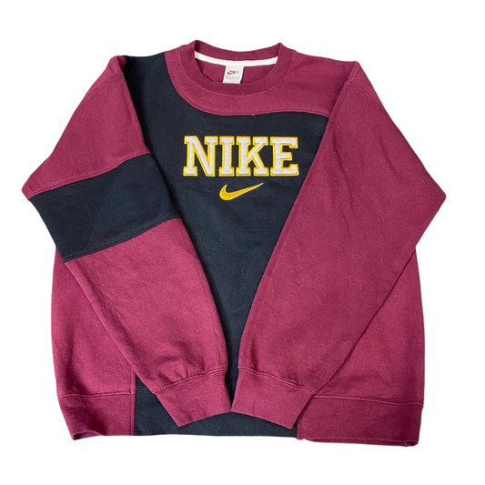 Nike Reworked Sweatshirt Mens L Black Burgundy Embroidered Spellout Logo Vtg Y2K