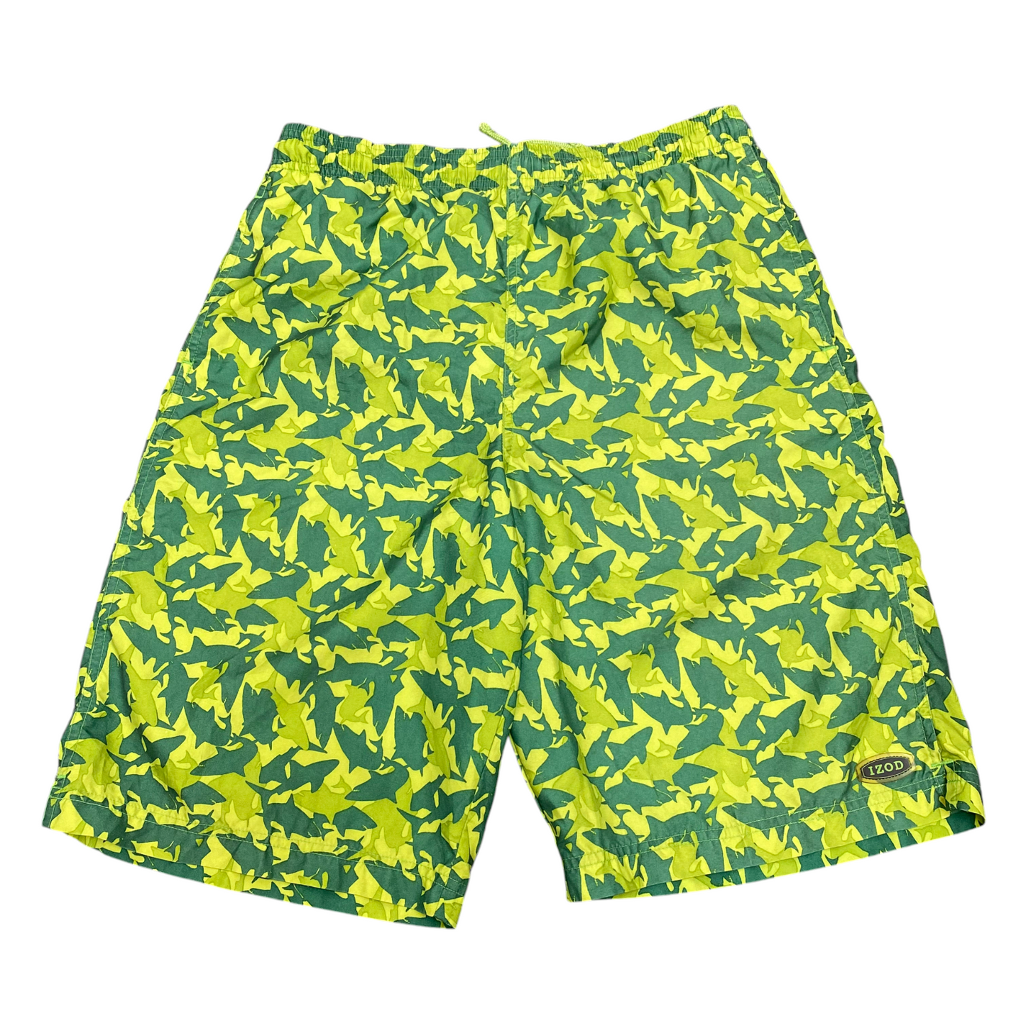 IZOD Swim Short Boys Large Green Allover Shark Print Elastic Waist Drawstring