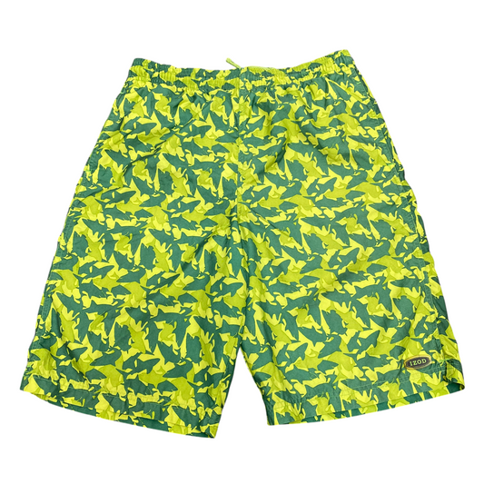 IZOD Swim Short Boys Large Green Allover Shark Print Elastic Waist Drawstring